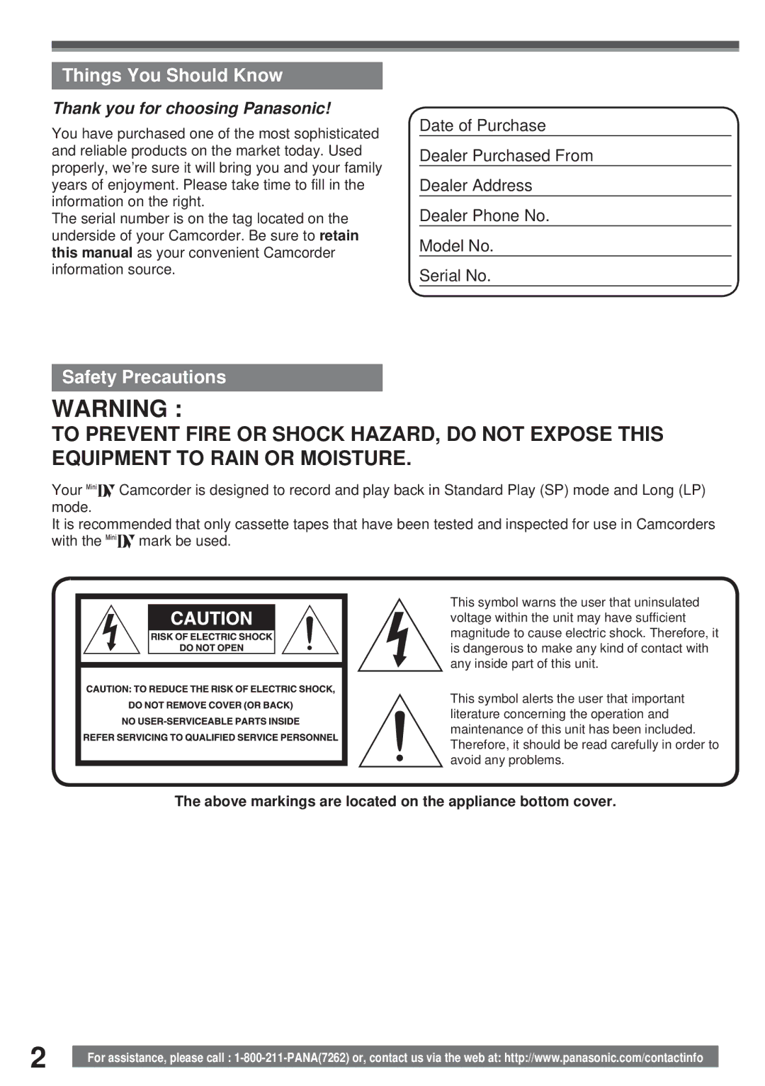 Panasonic PV-GS31 Things You Should Know, Safety Precautions, Above markings are located on the appliance bottom cover 