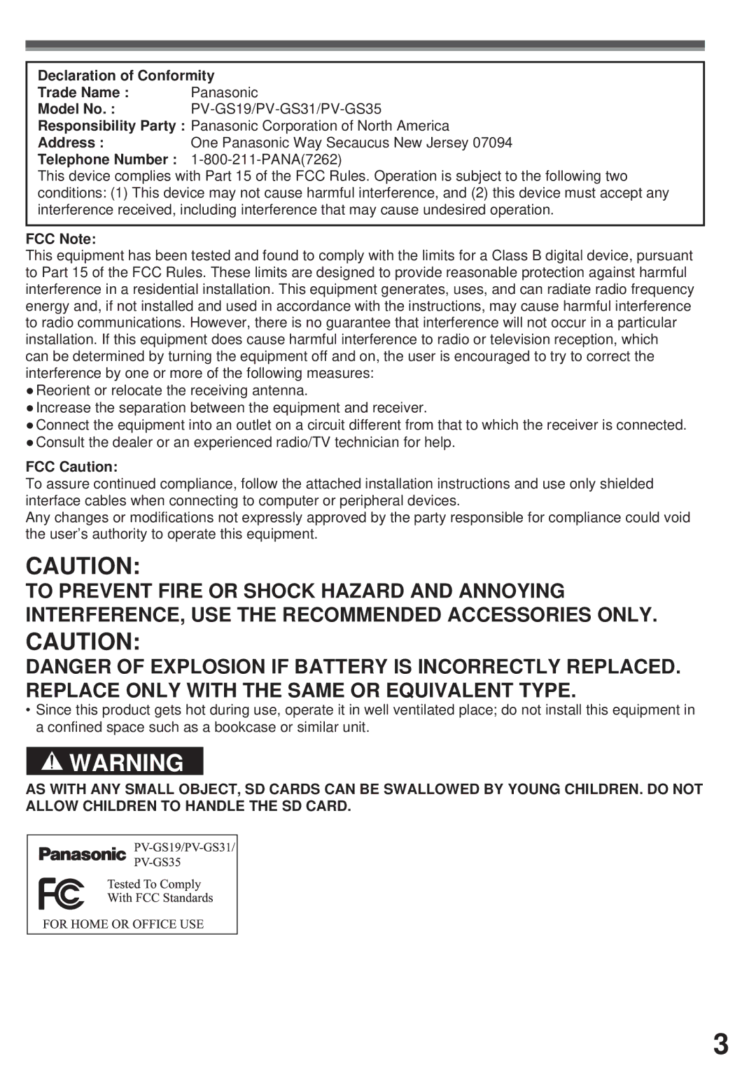 Panasonic PV-GS35, PV-GS19, PV-GS31 operating instructions Telephone Number PANA7262, FCC Note, FCC Caution 