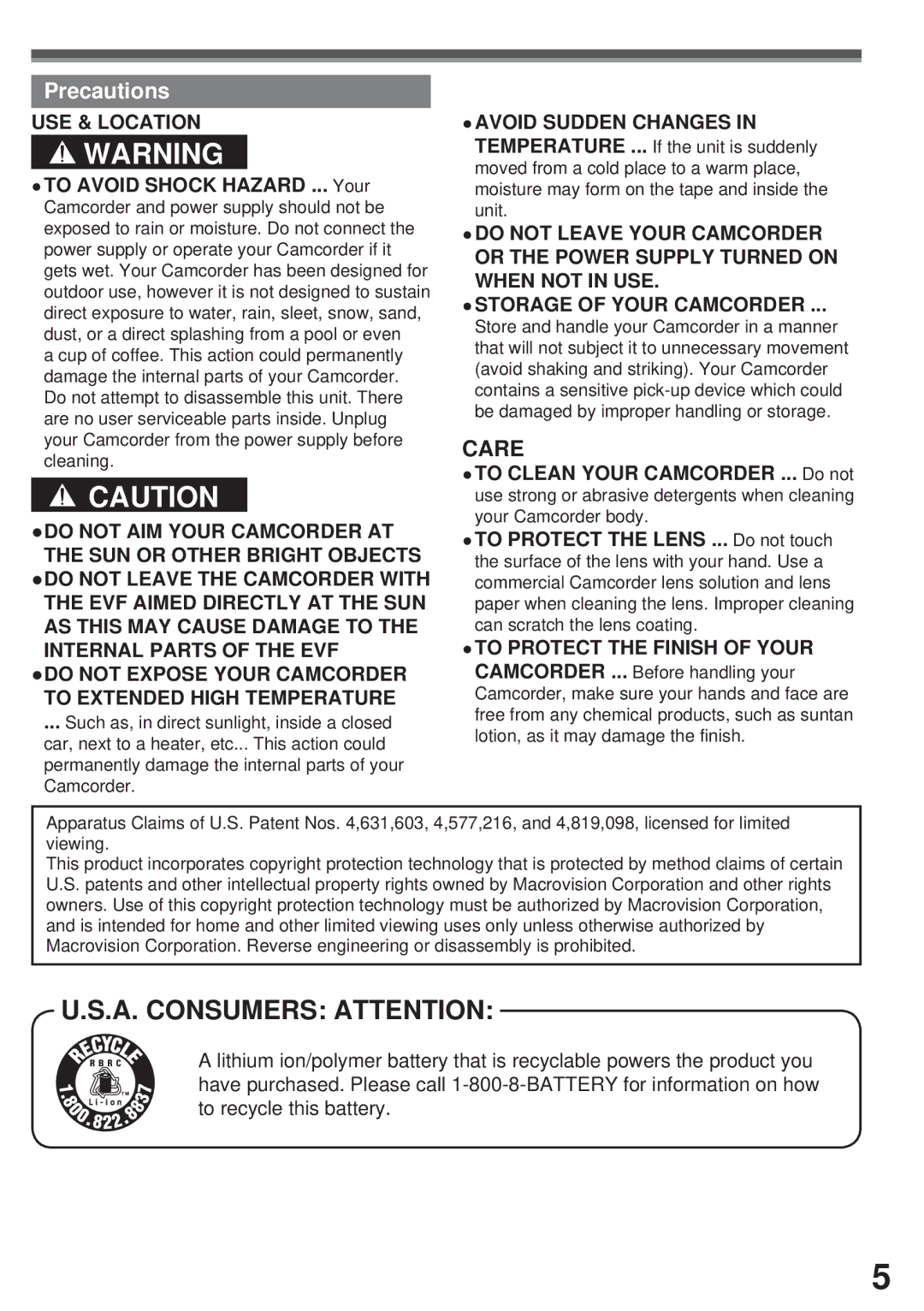 Panasonic PV-GS31, PV-GS35, PV-GS19 operating instructions Precautions, To Avoid Shock Hazard ... Your 