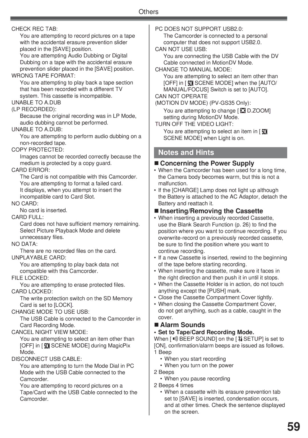 Panasonic PV-GS31, PV-GS35, PV-GS19 „ Concerning the Power Supply, „ Inserting/Removing the Cassette, „ Alarm Sounds 