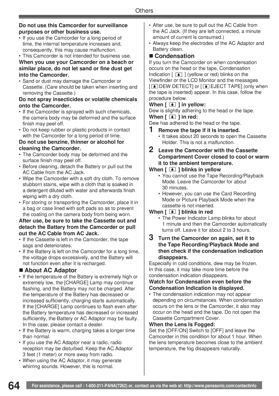 Panasonic PV-GS19, PV-GS35, PV-GS31 operating instructions „ About AC Adaptor, „ Condensation 