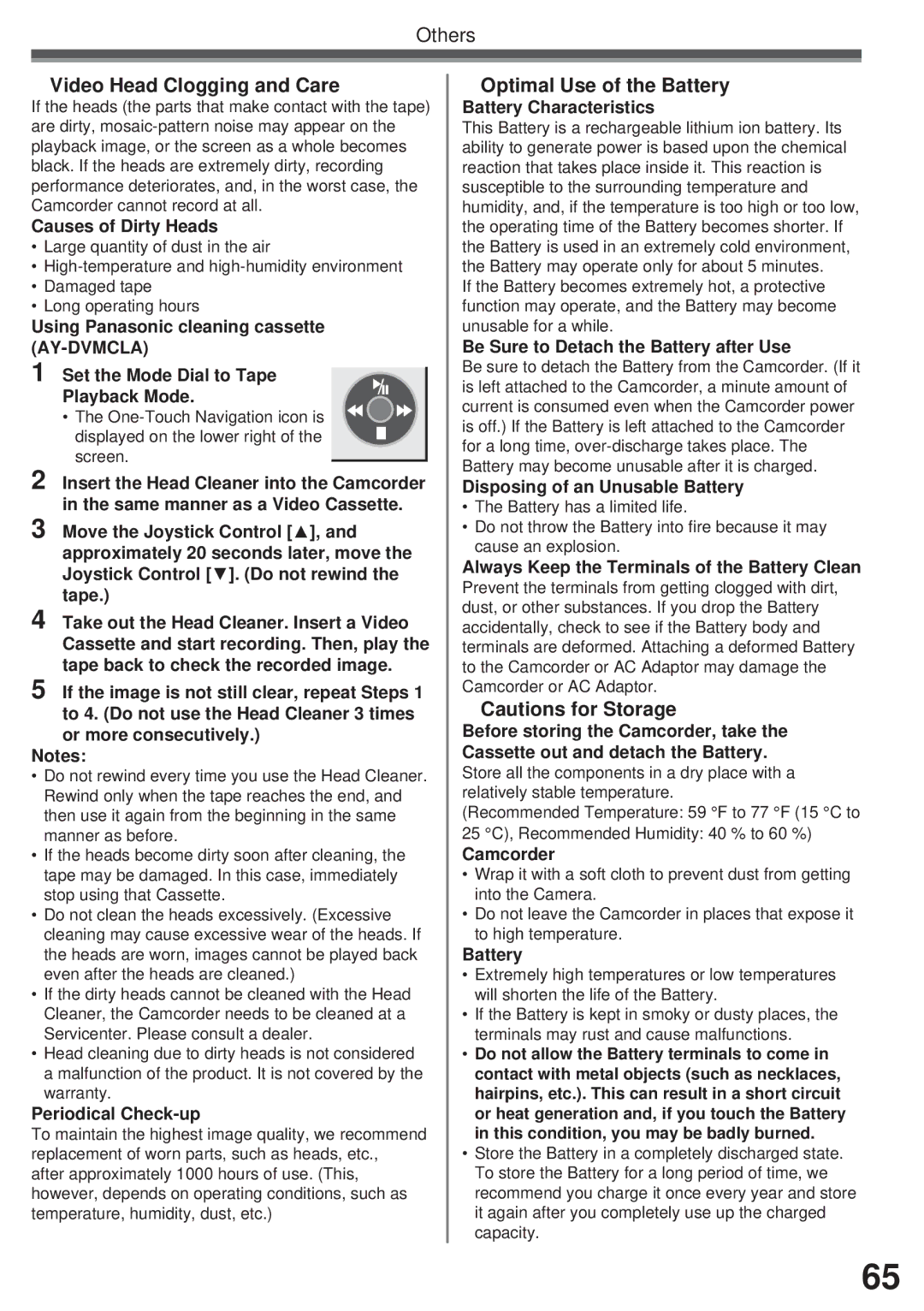 Panasonic PV-GS31, PV-GS35, PV-GS19 operating instructions „ Optimal Use of the Battery, „ Cautions for Storage 