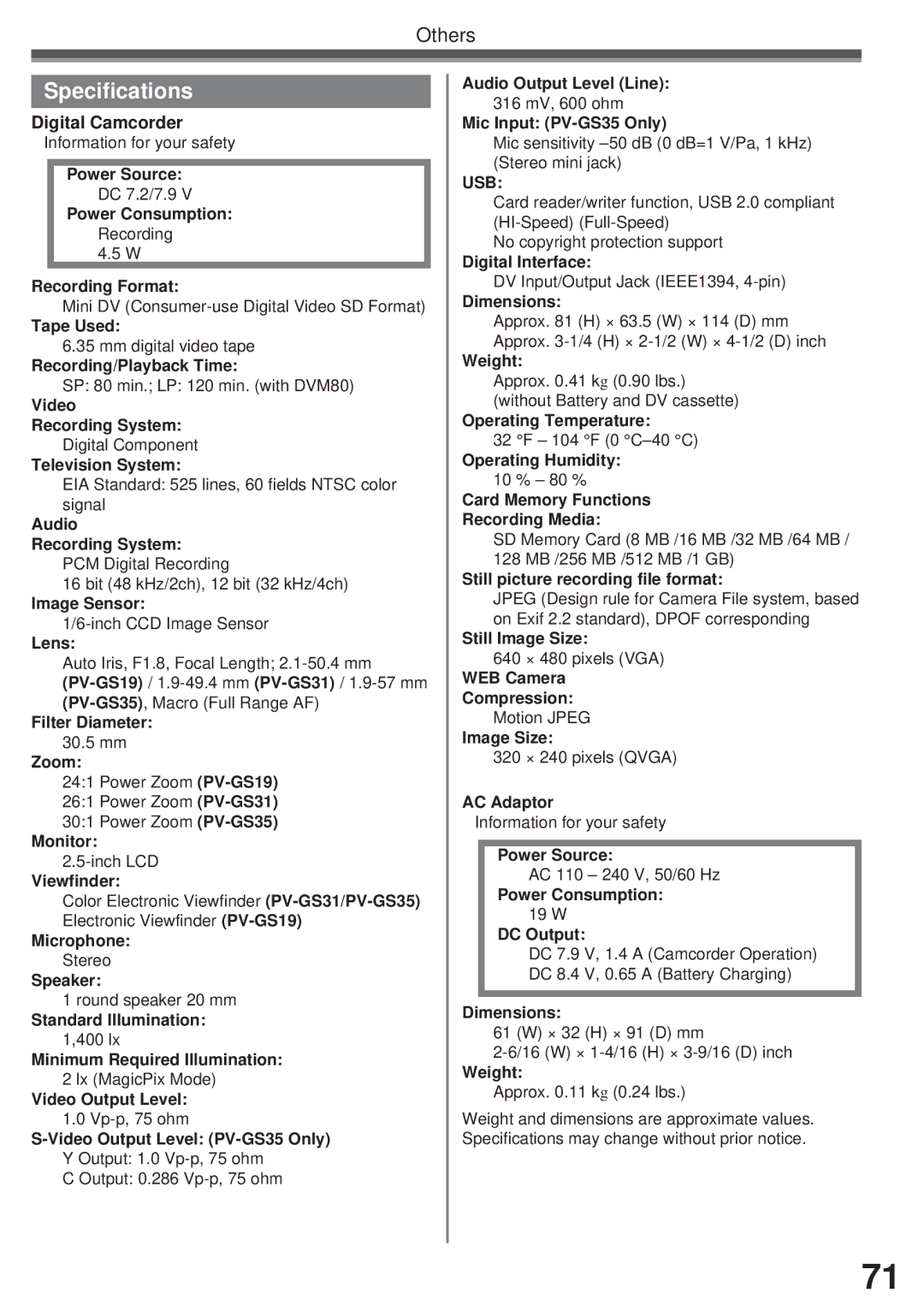 Panasonic PV-GS31, PV-GS35, PV-GS19 operating instructions Specifications, Digital Camcorder 