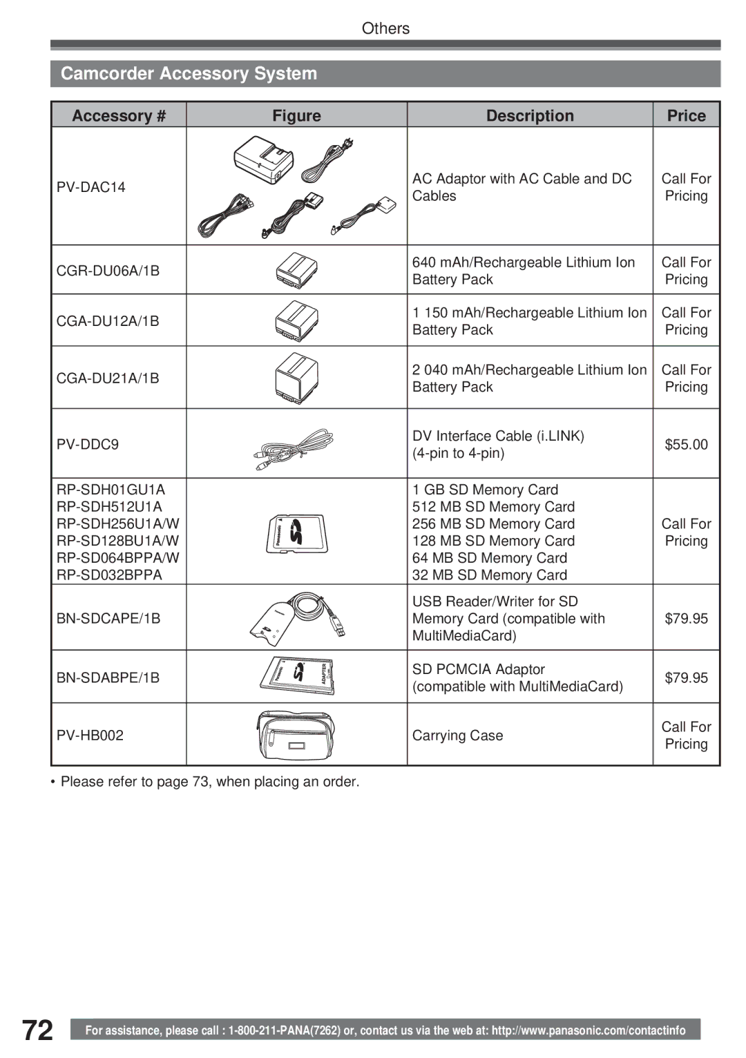 Panasonic PV-GS35, PV-GS19, PV-GS31 operating instructions Camcorder Accessory System, Accessory # Description, Price 