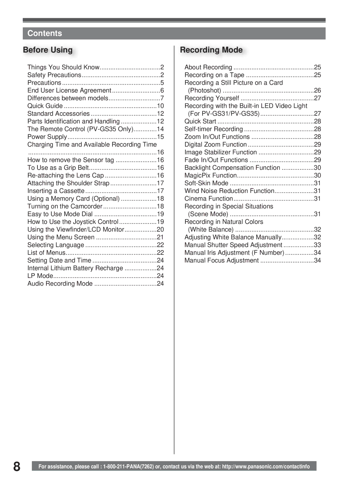 Panasonic PV-GS31, PV-GS35, PV-GS19 operating instructions Contents 