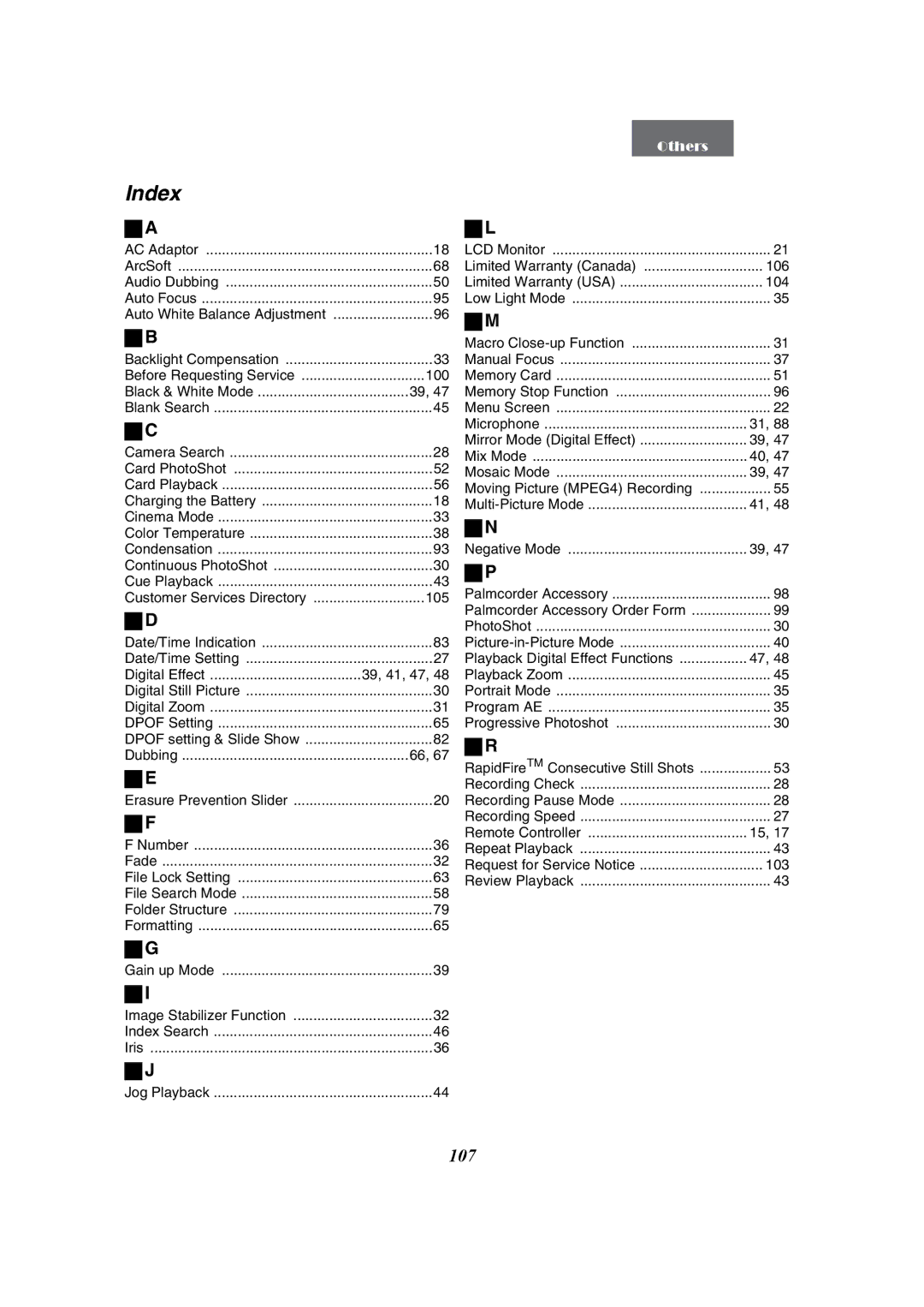 Panasonic PV-GS50 Index, Microphone Mirror Mode Digital Effect Mix Mode Mosaic Mode, Multi-Picture Mode Negative Mode 