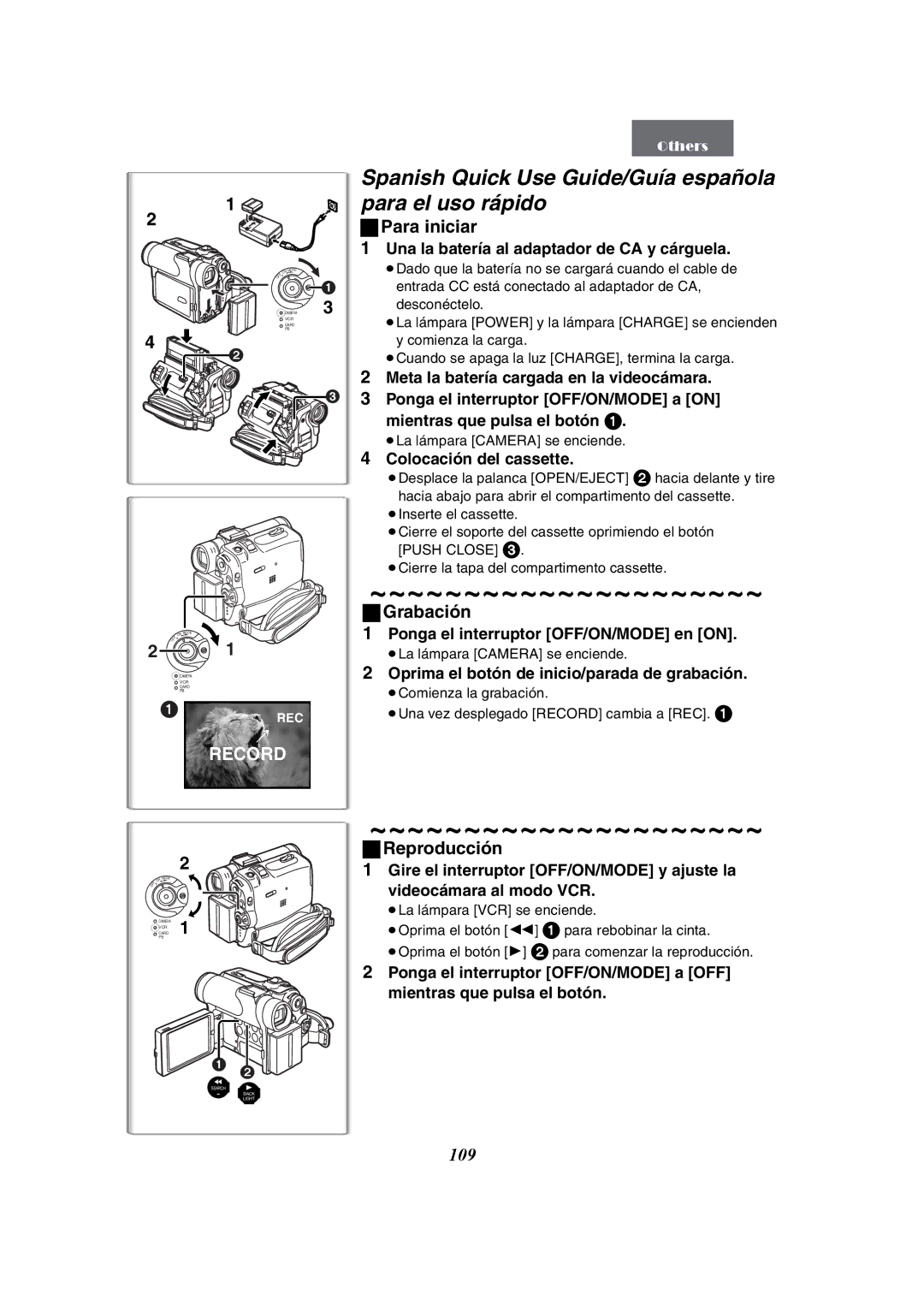 Panasonic PV-GS50 Spanish Quick Use Guide/Guía española para el uso rápido, ªPara iniciar, Grabación, Reproducción 