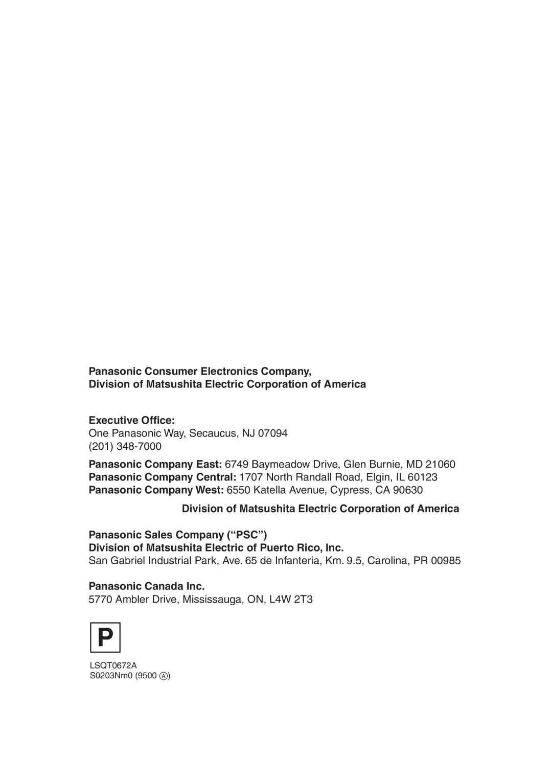 Panasonic PV-GS50-K operating instructions Panasonic Canada Inc, LSQT0672A S0203Nm0 9500 a 