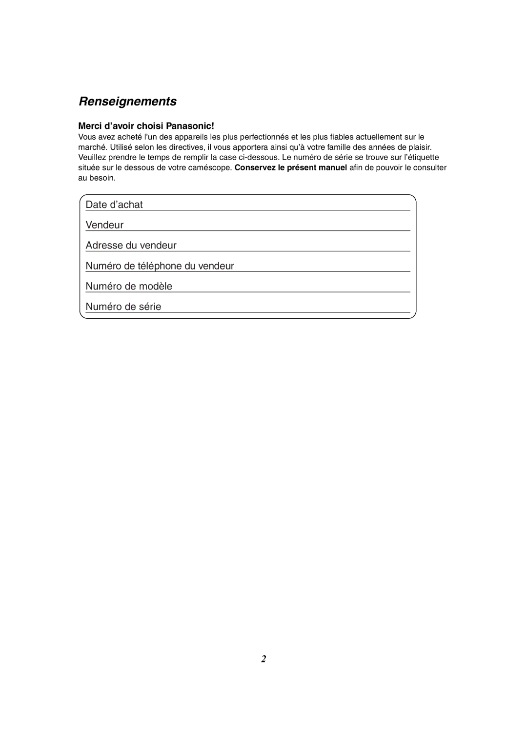 Panasonic PV-GS50-K operating instructions Renseignements, Merci d’avoir choisi Panasonic 