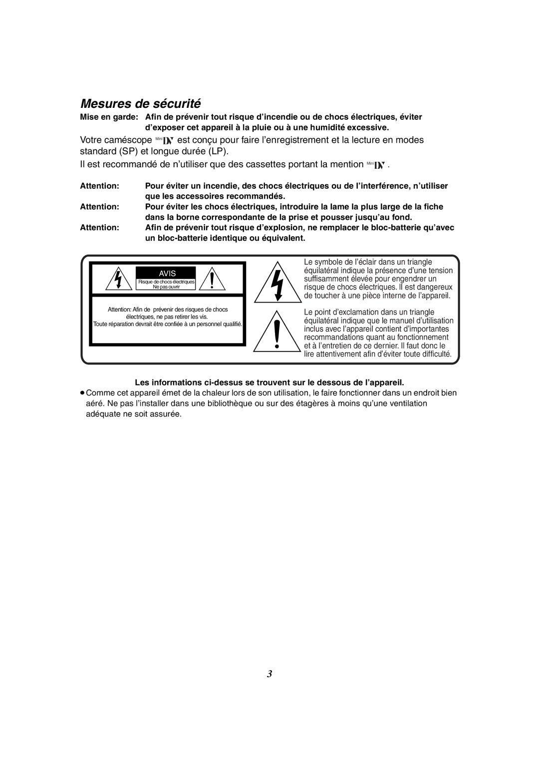 Panasonic PV-GS50 Mesures de sécurité, Que les accessoires recommandés, Un bloc-batterie identique ou équivalent 