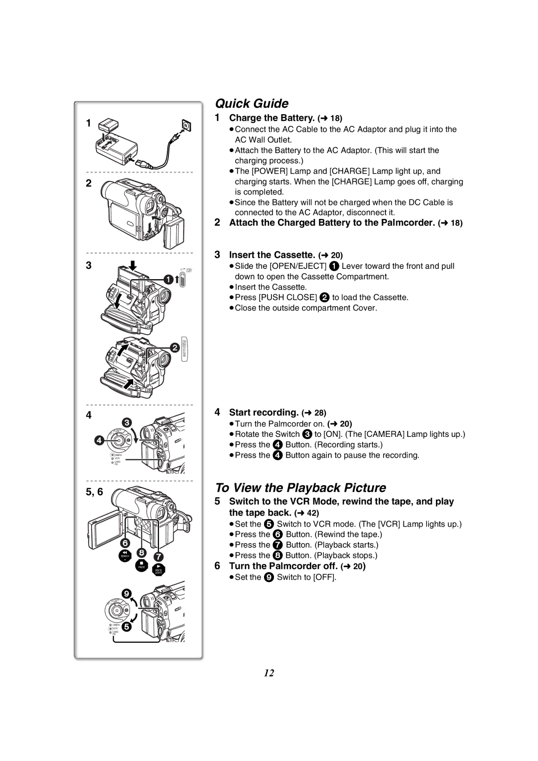 Panasonic PV-GS50-K Quick Guide, To View the Playback Picture, Charge the Battery. l18, Start recording. l28 