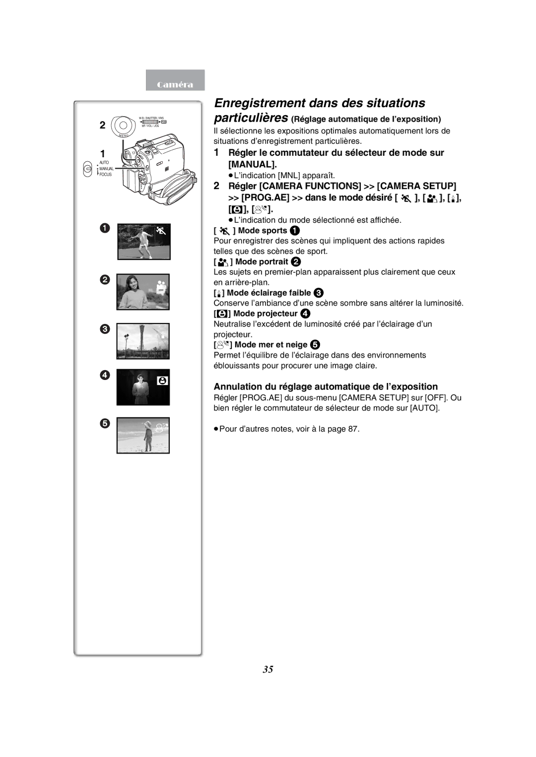 Panasonic PV-GS50-K Enregistrement dans des situations, Régler le commutateur du sélecteur de mode sur Manual 