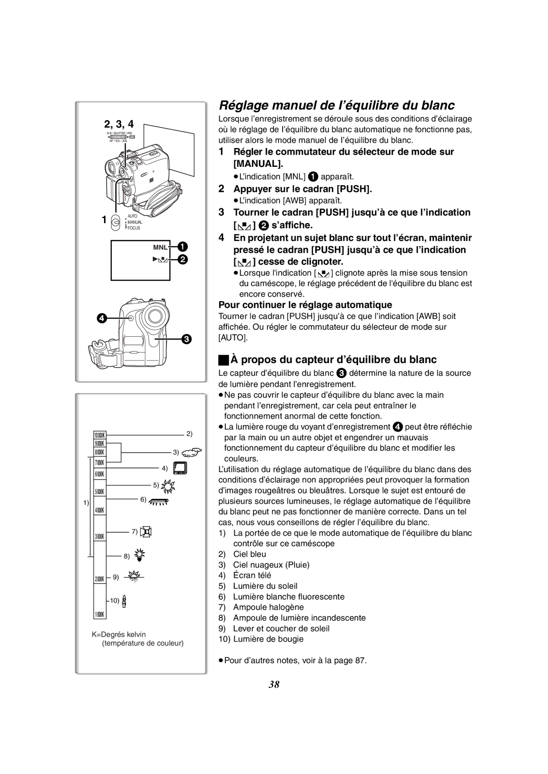 Panasonic PV-GS50-K operating instructions Réglage manuel de I’équilibre du blanc, Propos du capteur d’équilibre du blanc 