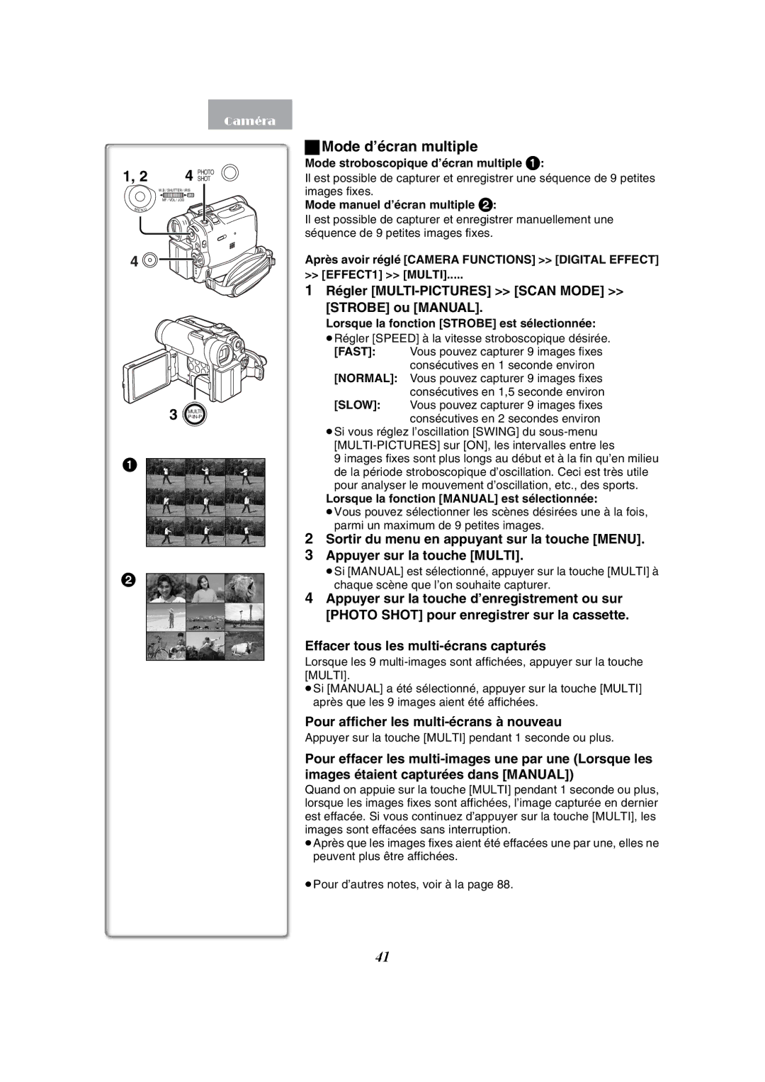 Panasonic PV-GS50-K operating instructions Mode d’écran multiple, Régler MULTI-PICTURES Scan Mode Strobe ou Manual 