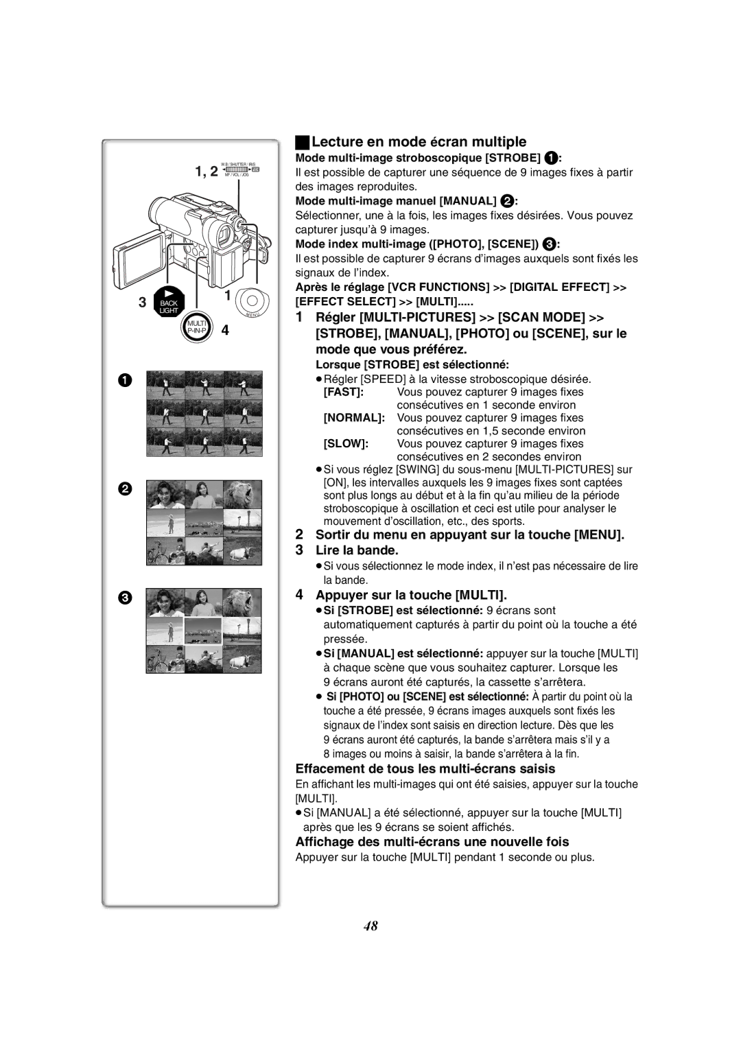 Panasonic PV-GS50-K Lecture en mode écran multiple, Sortir du menu en appuyant sur la touche Menu Lire la bande 