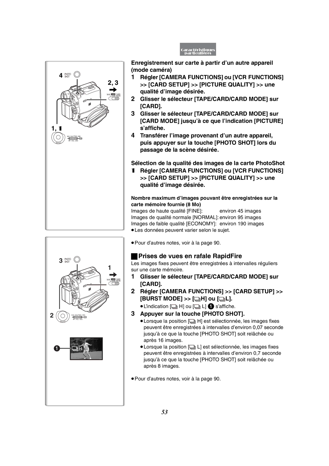 Panasonic PV-GS50-K operating instructions Prises de vues en rafale RapidFire, ≥L’indication H ou L 1 s’affiche 