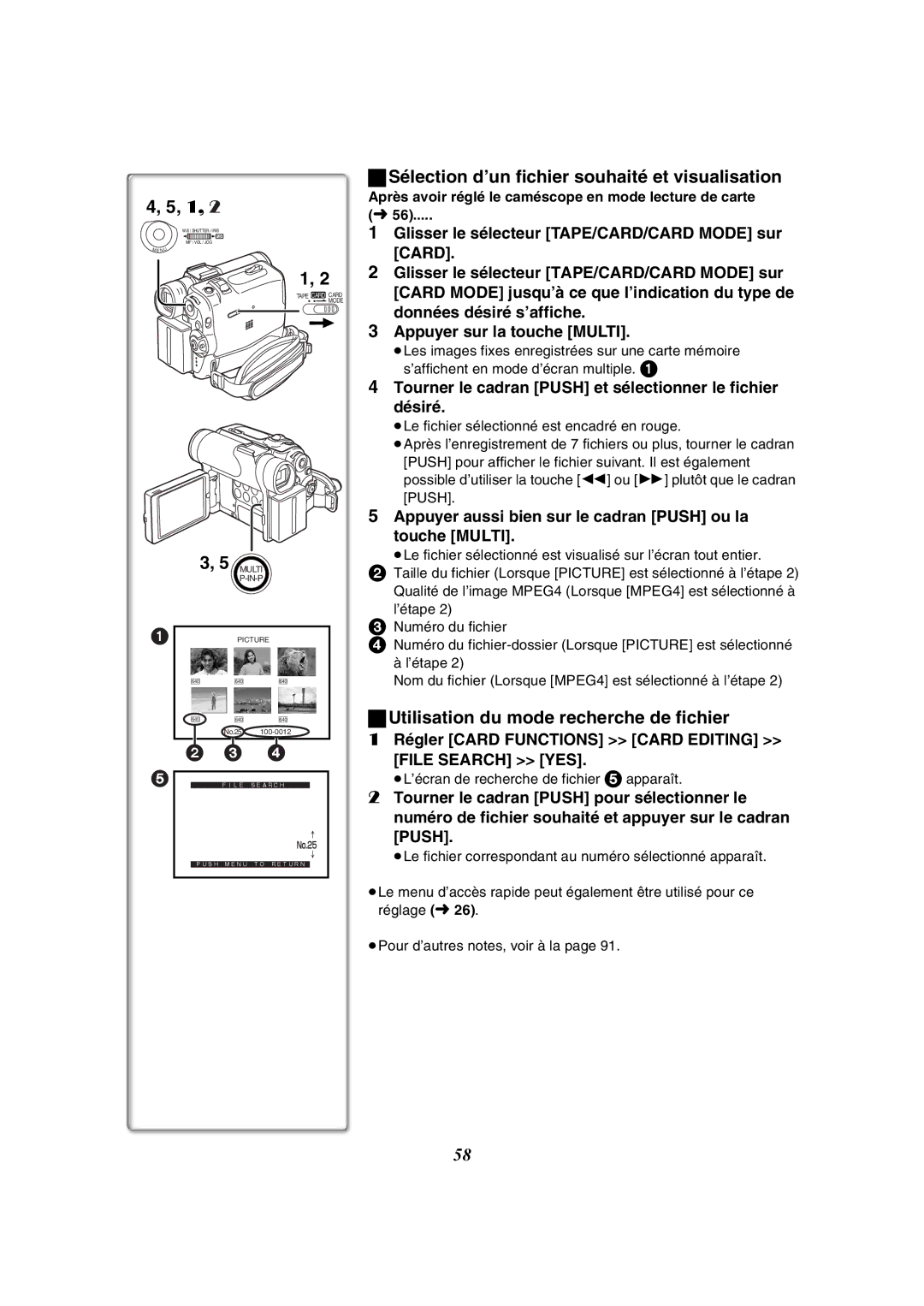 Panasonic PV-GS50-K Sélection d’un fichier souhaité et visualisation, Utilisation du mode recherche de fichier 