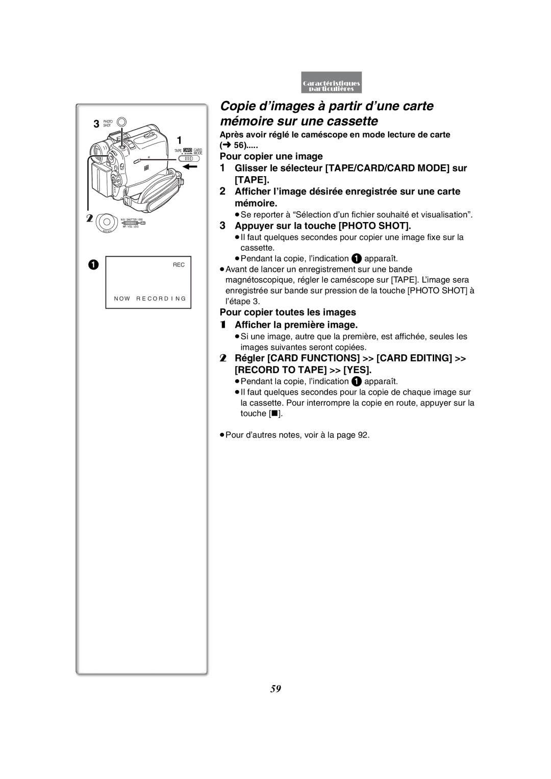 Panasonic PV-GS50-K operating instructions Copie d’images à partir d’une carte mémoire sur une cassette 