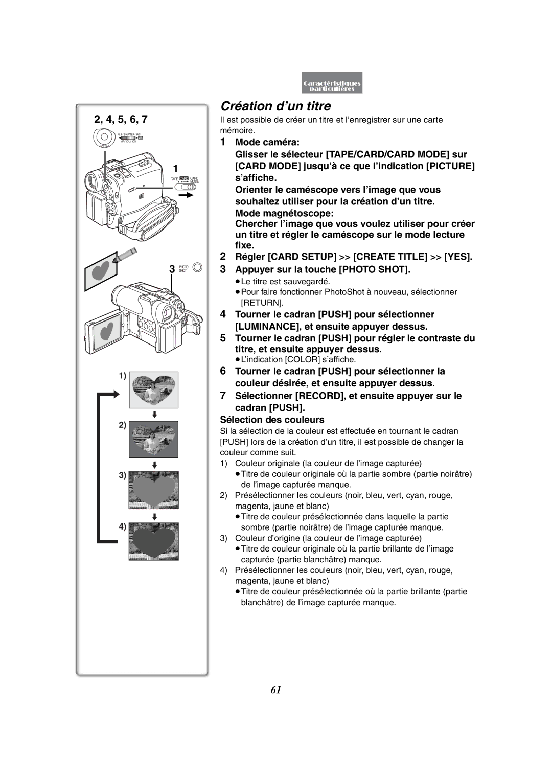 Panasonic PV-GS50-K operating instructions Création d’un titre, ≥L’indication Color s’affiche 