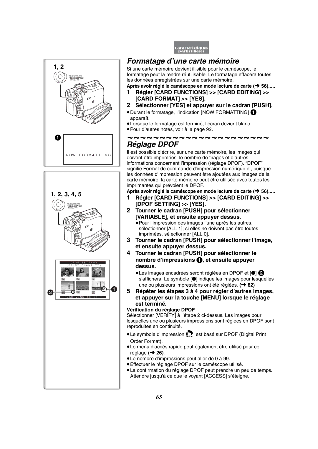 Panasonic PV-GS50-K operating instructions Formatage d’une carte mémoire, Réglage Dpof, Vérification du réglage Dpof 