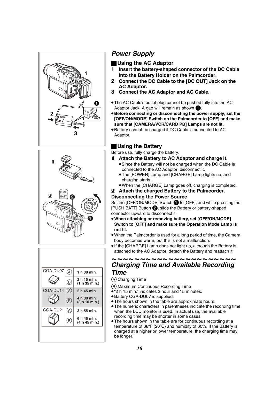 Panasonic PV-GS50-K Power Supply, Charging Time and Available Recording Time, Using the AC Adaptor, Using the Battery 