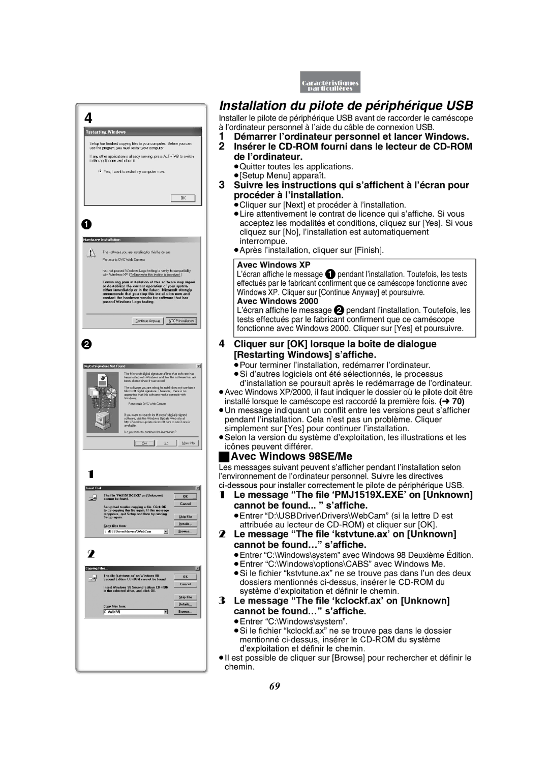 Panasonic PV-GS50-K Installation du pilote de périphérique USB, Avec Windows 98SE/Me, Avec Windows XP 
