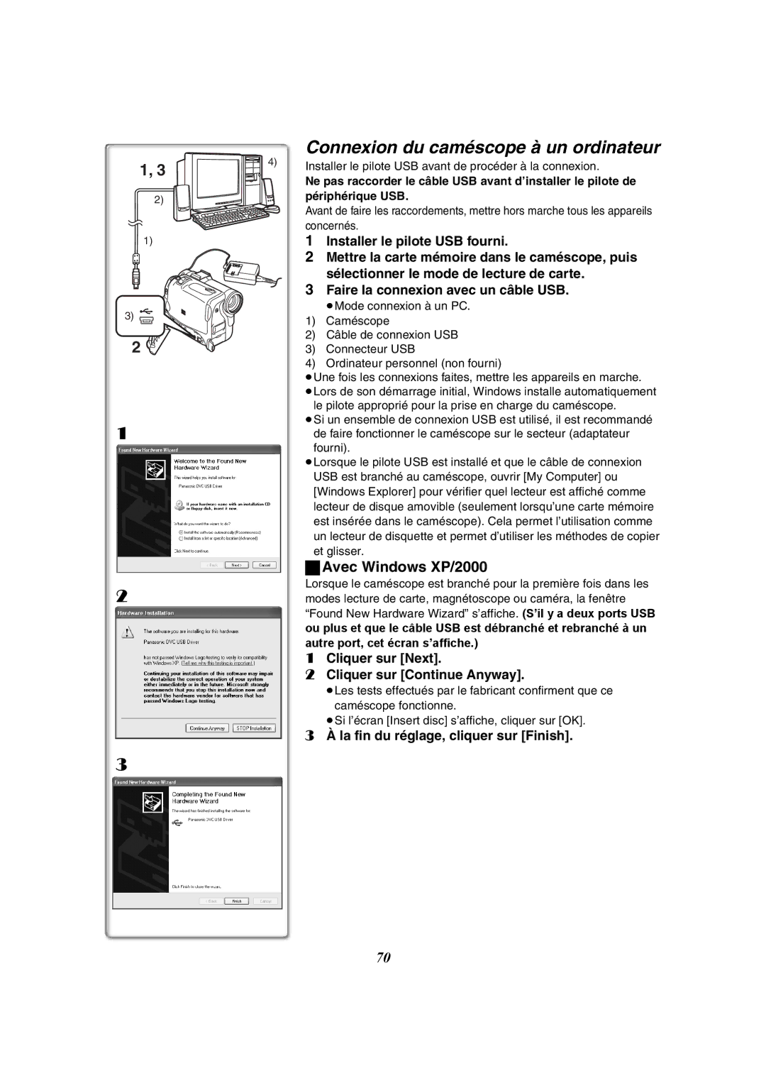 Panasonic PV-GS50-K Connexion du caméscope à un ordinateur, Avec Windows XP/2000, La fin du réglage, cliquer sur Finish 