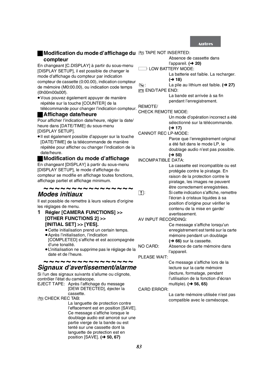 Panasonic PV-GS50-K Modes initiaux, Signaux d’avertissement/alarme, Modification du mode d’affichage du Compteur 