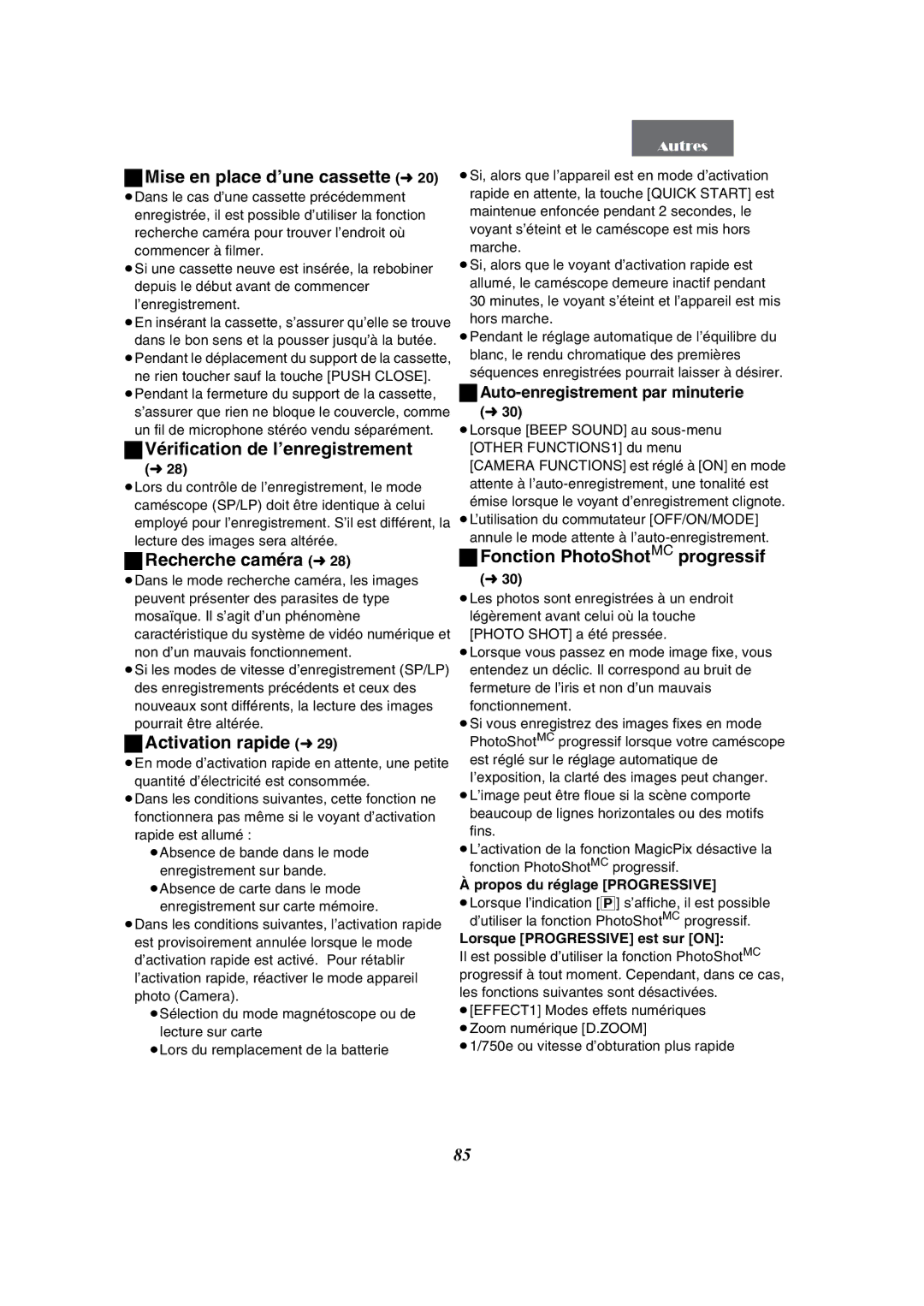 Panasonic PV-GS50-K operating instructions Mise en place d’une cassette l20, Recherche caméra l28, Activation rapide l29 