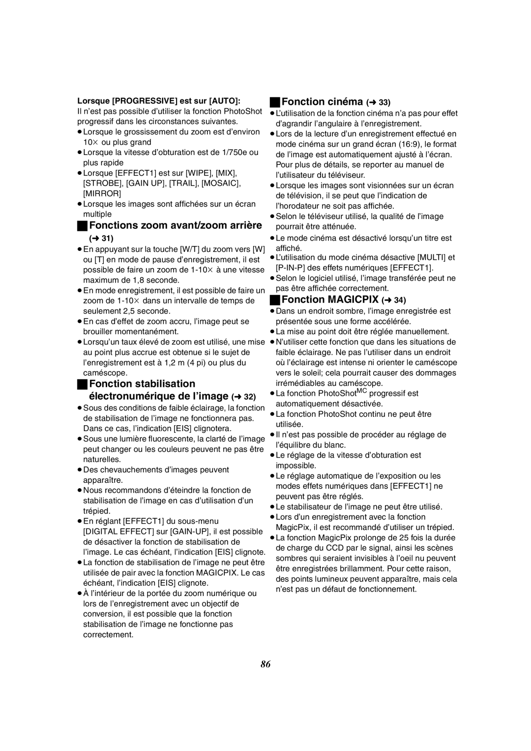 Panasonic PV-GS50-K Fonctions zoom avant/zoom arrière, Fonction stabilisation Électronumérique de l’image l32 