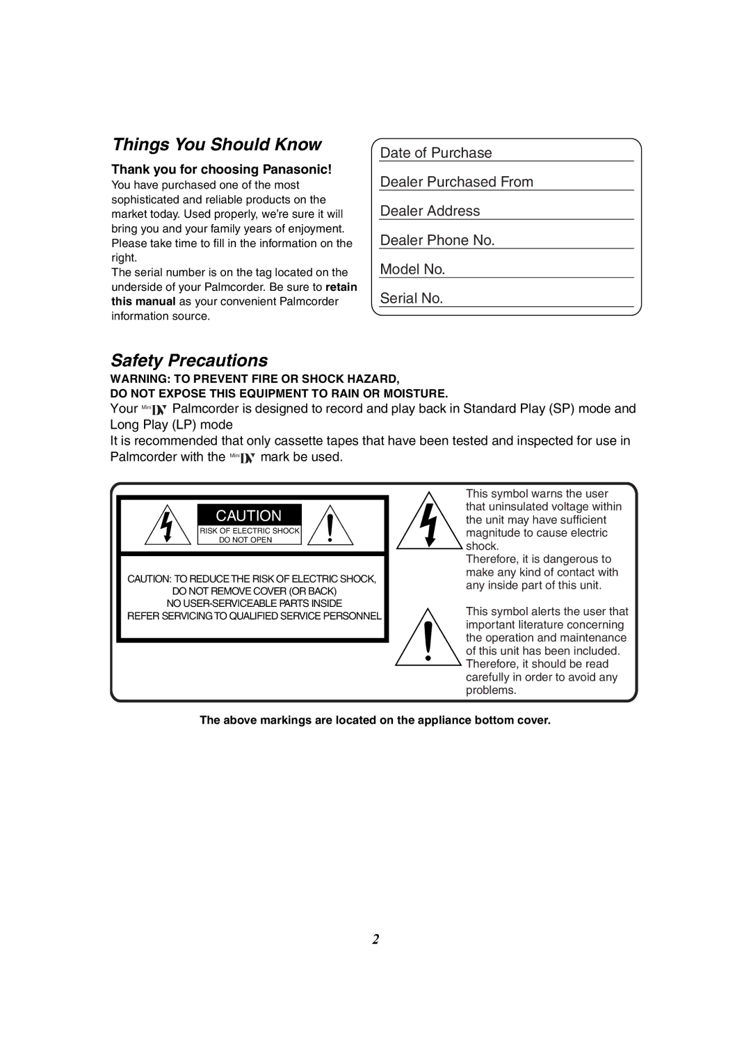 Panasonic PV-GS50-K operating instructions Things You Should Know, Safety Precautions, Thank you for choosing Panasonic 