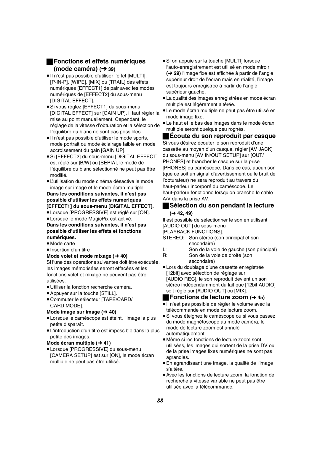 Panasonic PV-GS50-K Fonctions et effets numériques Mode caméra l39, Écoute du son reproduit par casque 