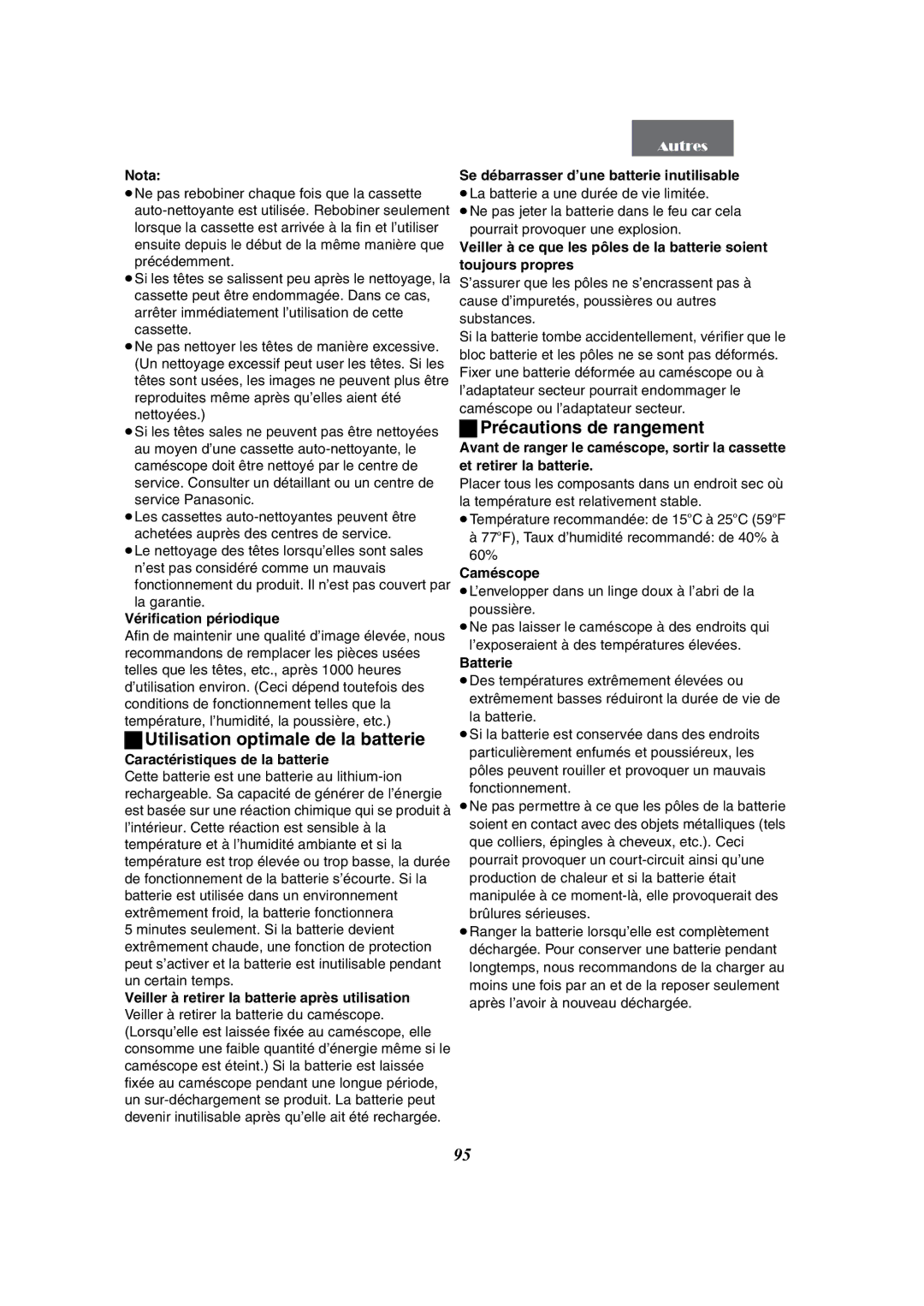 Panasonic PV-GS50 Utilisation optimale de la batterie, Précautions de rangement, Vérification périodique, Batterie 