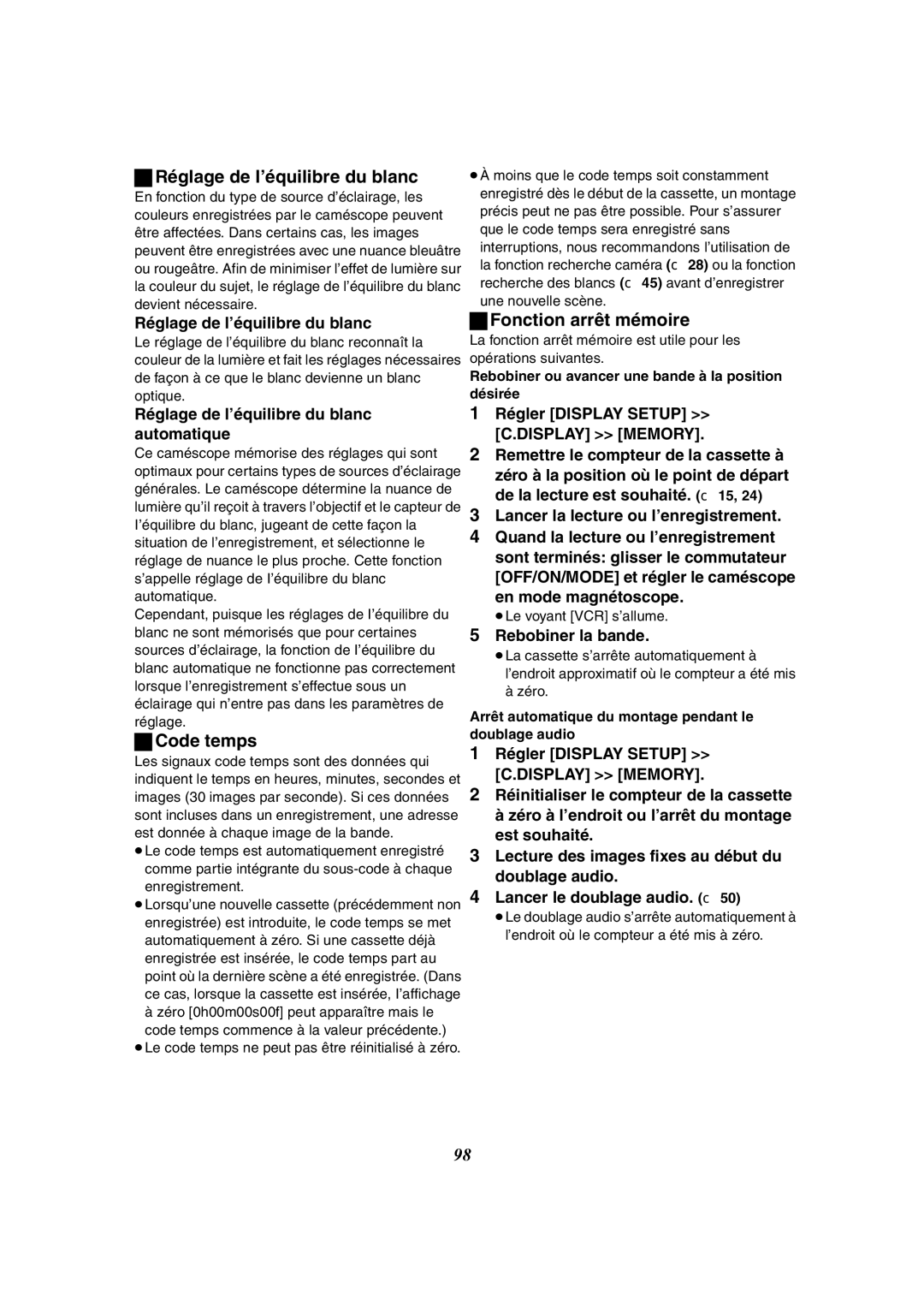 Panasonic PV-GS50-K operating instructions Réglage de l’équilibre du blanc, Fonction arrêt mémoire, Code temps 