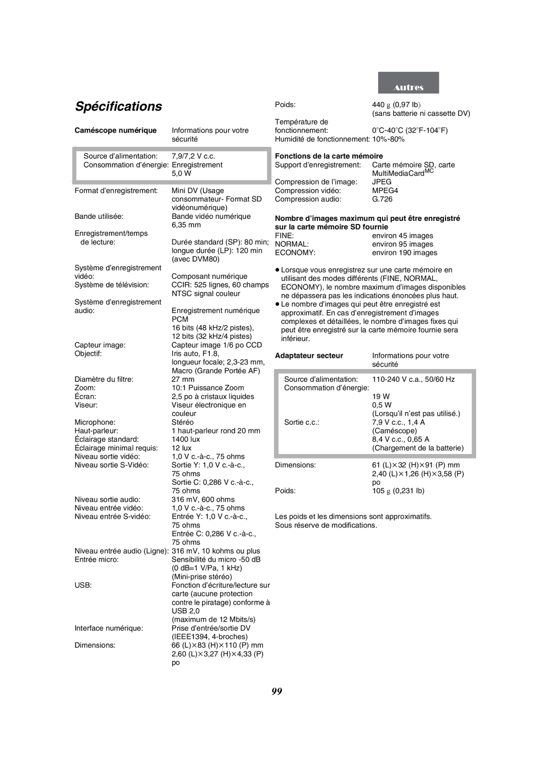 Panasonic PV-GS50-K operating instructions Spécifications, Caméscope numérique 