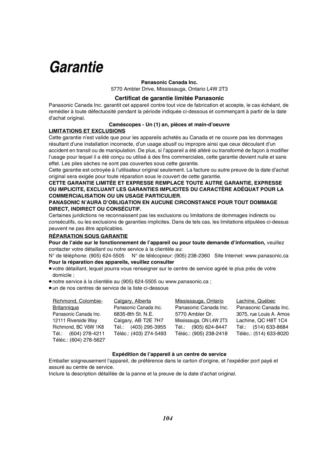 Panasonic PV-GS50-K operating instructions Certificat de garantie limitée Panasonic, Panasonic Canada Inc 