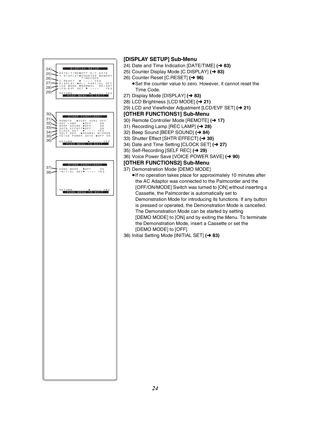 Panasonic PV-GS50-K operating instructions Display Setup Sub-Menu, Other FUNCTIONS1 Sub-Menu, Other FUNCTIONS2 Sub-Menu 