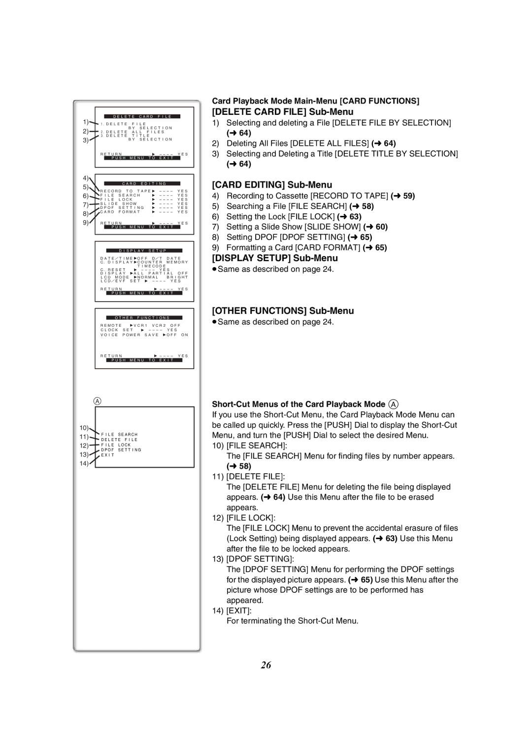 Panasonic PV-GS50-K Delete Card File Sub-Menu, Card Editing Sub-Menu, Card Playback Mode Main-Menu Card Functions 