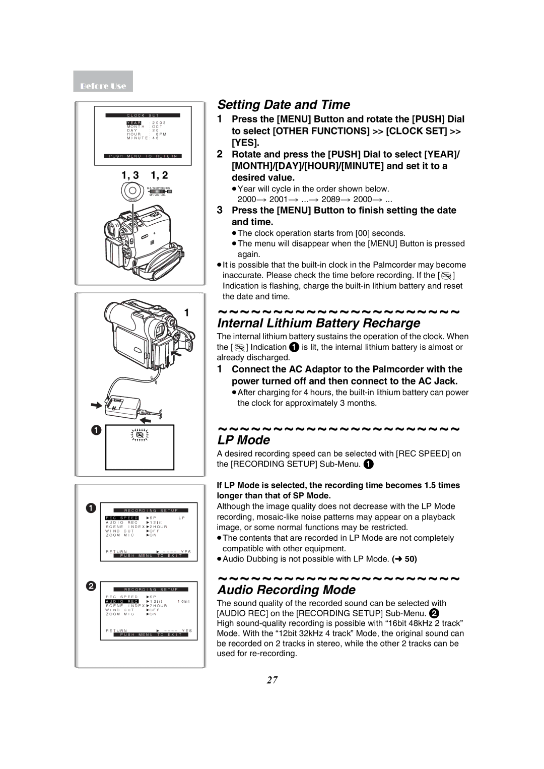 Panasonic PV-GS50-K Setting Date and Time, Internal Lithium Battery Recharge, LP Mode, Audio Recording Mode 