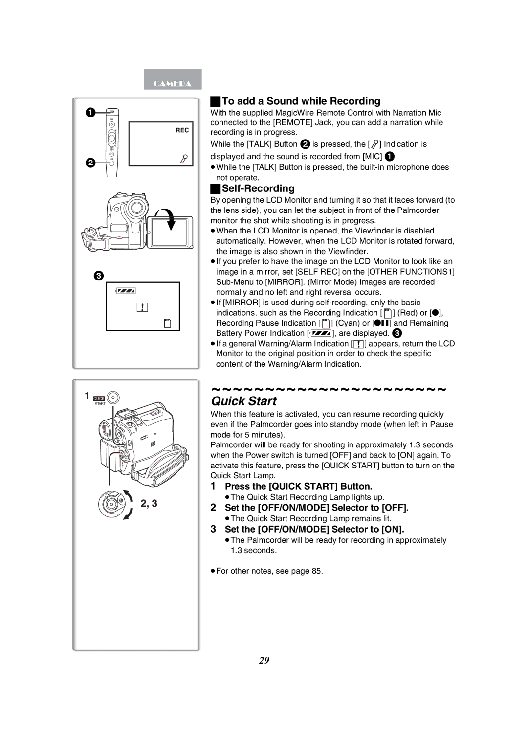 Panasonic PV-GS50-K operating instructions Quick Start, To add a Sound while Recording, Self-Recording 