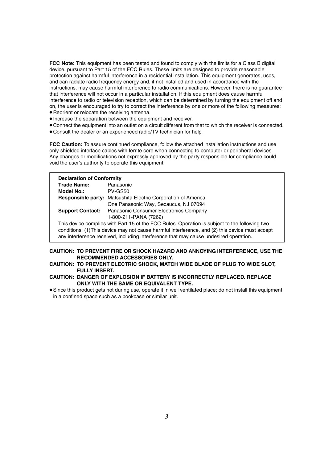 Panasonic PV-GS50-K operating instructions 