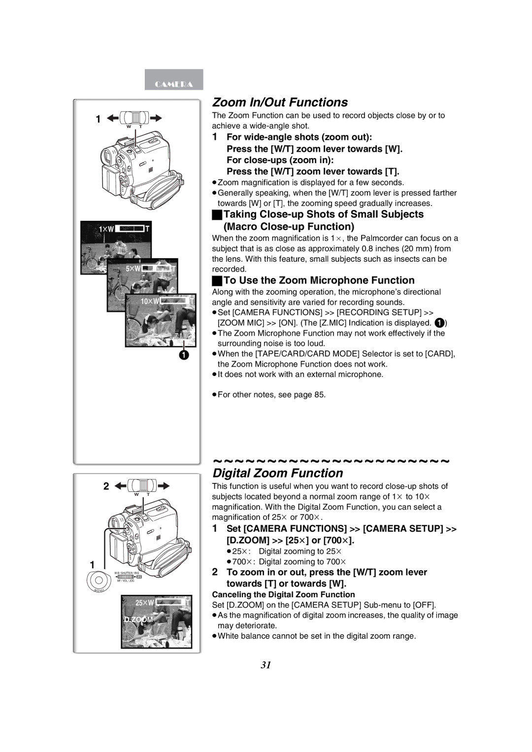 Panasonic PV-GS50-K Zoom In/Out Functions, Digital Zoom Function, To Use the Zoom Microphone Function 