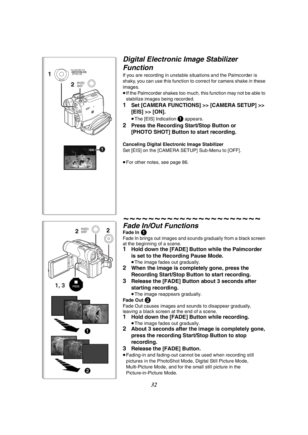 Panasonic PV-GS50-K operating instructions Digital Electronic Image Stabilizer Function, Fade In/Out Functions 