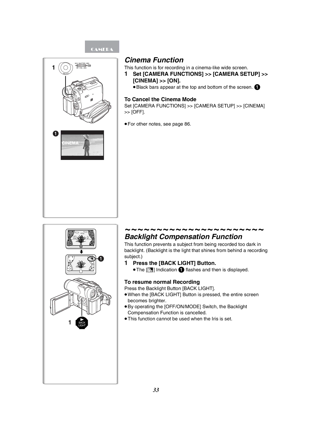 Panasonic PV-GS50-K operating instructions Cinema Function, Backlight Compensation Function 