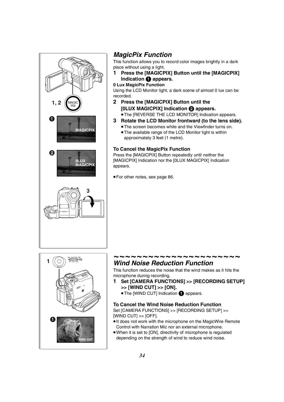 Panasonic PV-GS50-K operating instructions MagicPix Function, Wind Noise Reduction Function 