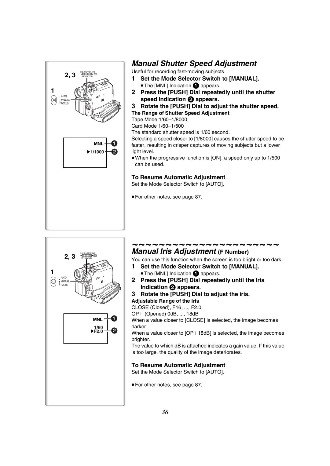 Panasonic PV-GS50-K operating instructions Manual Shutter Speed Adjustment, Manual Iris Adjustment F Number 