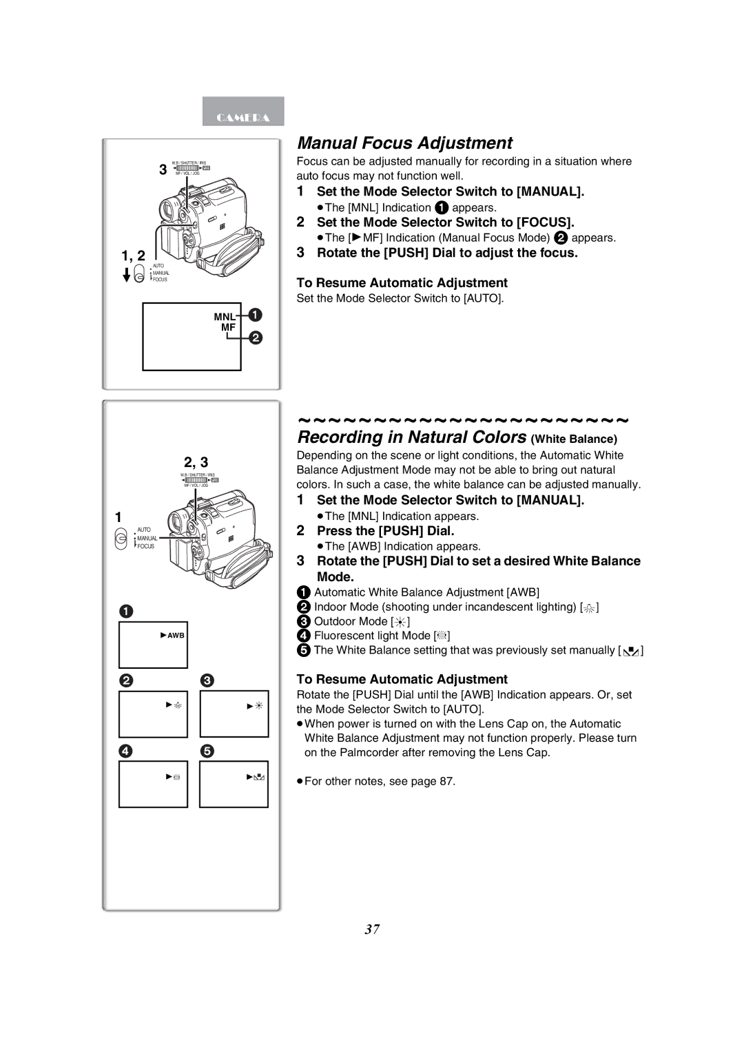 Panasonic PV-GS50-K Manual Focus Adjustment, Recording in Natural Colors White Balance, Press the Push Dial 