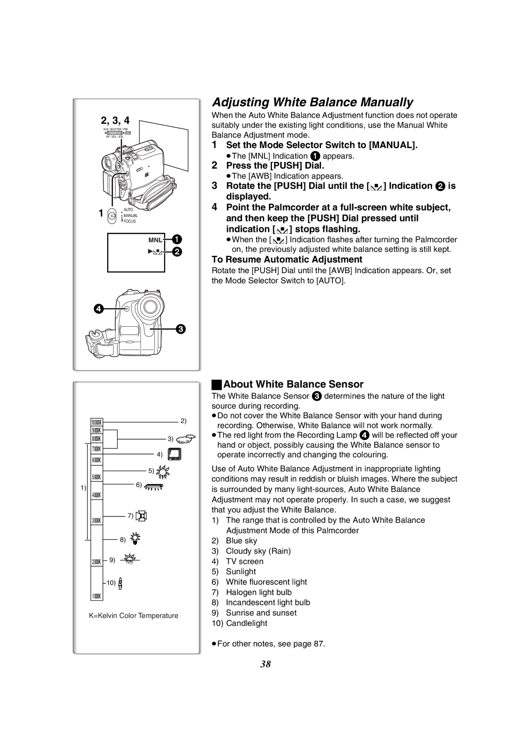 Panasonic PV-GS50-K operating instructions Adjusting White Balance Manually, About White Balance Sensor 