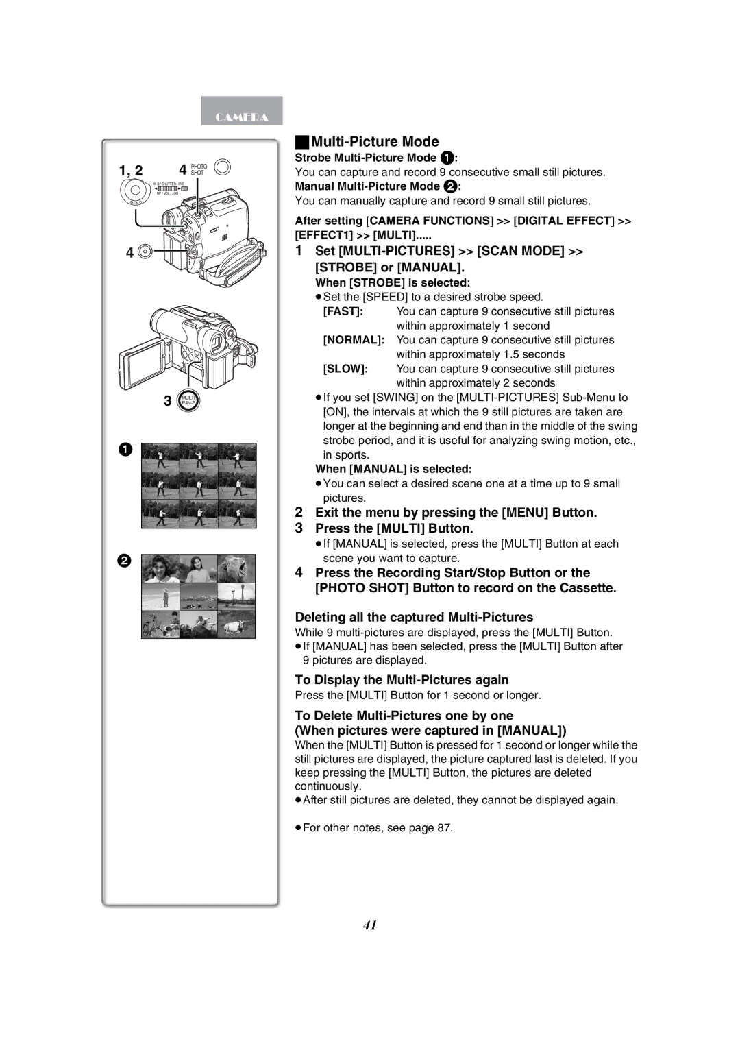 Panasonic PV-GS50 Multi-Picture Mode, Set MULTI-PICTURES Scan Mode Strobe or Manual, To Display the Multi-Pictures again 