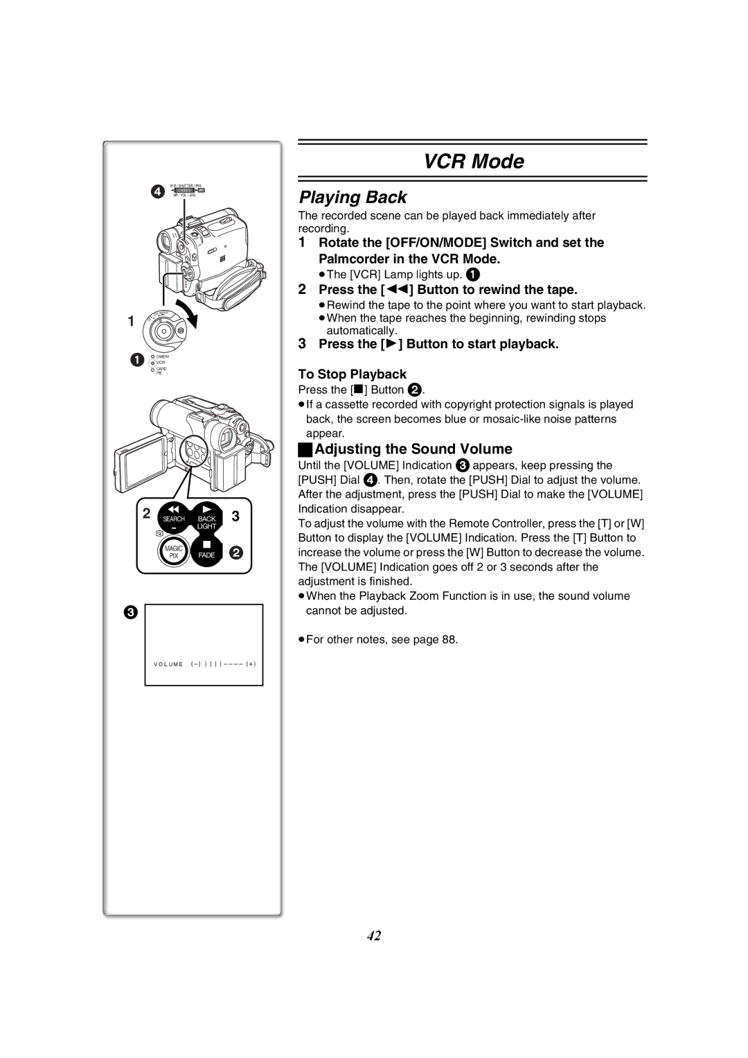 Panasonic PV-GS50-K operating instructions Playing Back, Adjusting the Sound Volume, Press the 6 Button to rewind the tape 